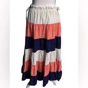 100% Cotton Hutch Eyelet Tri Colored Skirt Floral Boho Cottage Small Navy Tiered